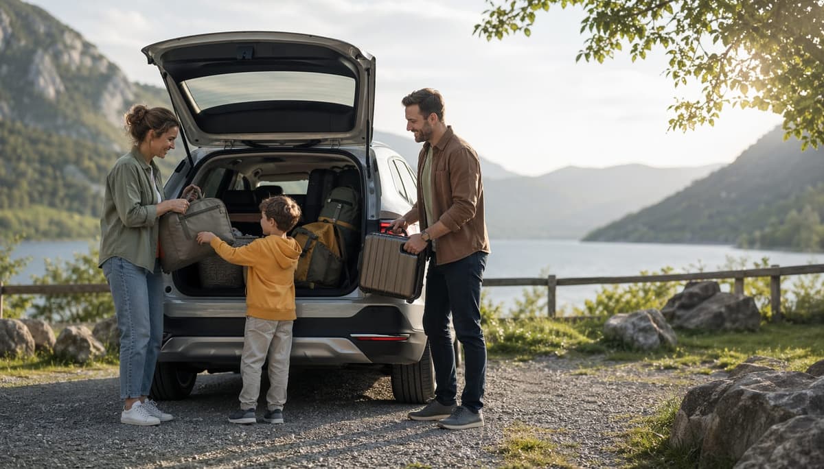 Familie mit Elektroauto auf Wochenendausflug